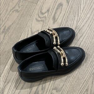 Shoe Dazzle Black Flats with Gold Chain Detail